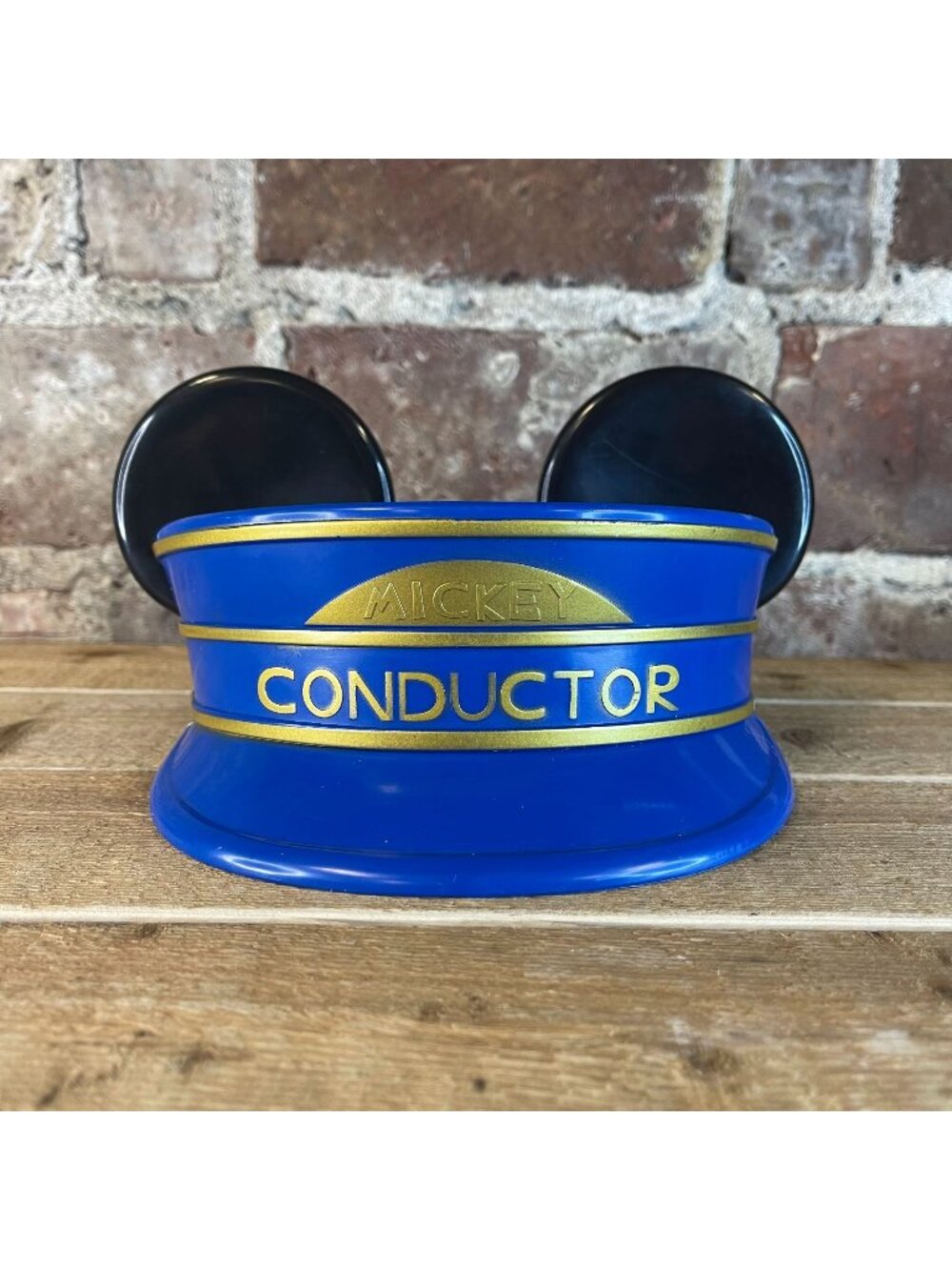 Disney Kids Mickey Mouse Ears Train Conductor Hard Shell Hat Blue & Gold